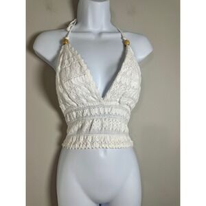 Blanco 100% Cotton Crochet Halter Crop Top White Beaded Neckline Size M